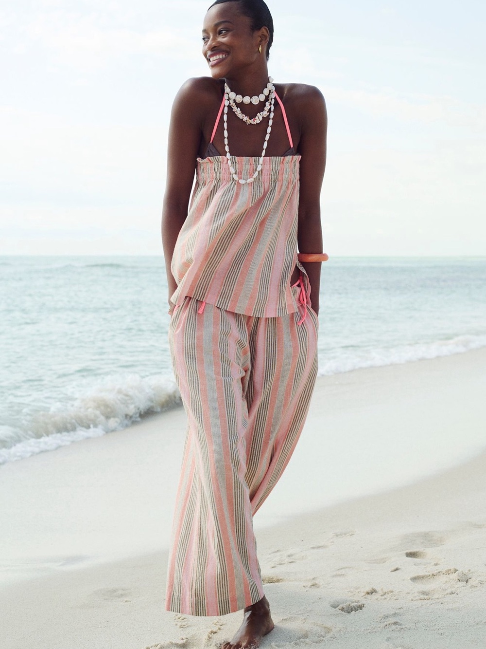 Free People Striped Peach & Cream Wide-Leg Pants - Picture 3 of 5